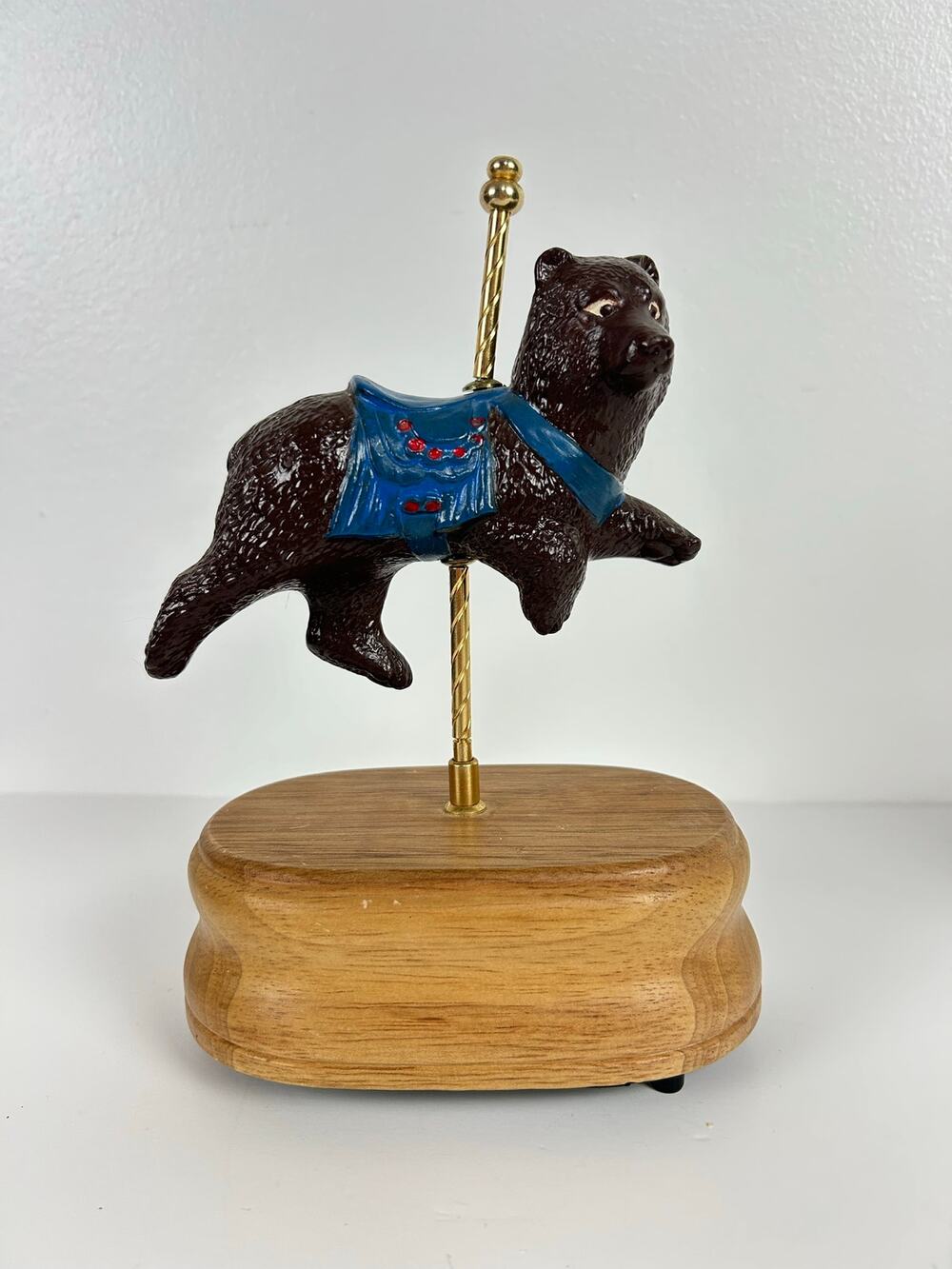 Dancing Bear Carousel Music Box Wooden Base Brass Vintage